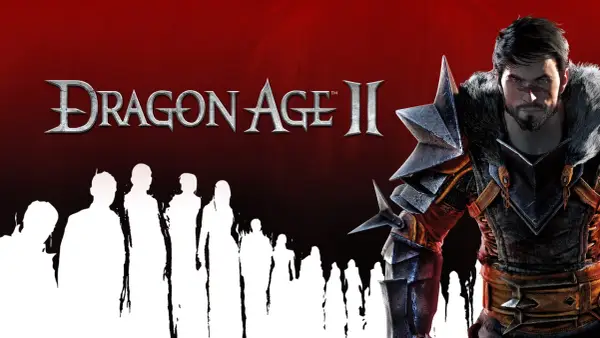 Mroczny wojownik w zbroi, obok niego białe sylwetki ludzi. Tytuł gry Dragon Age II.