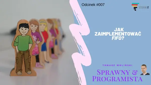 Drewniane figurki ludzi ustawione w kolejce, symbolizujące zasadę FIFO (First In, First Out).