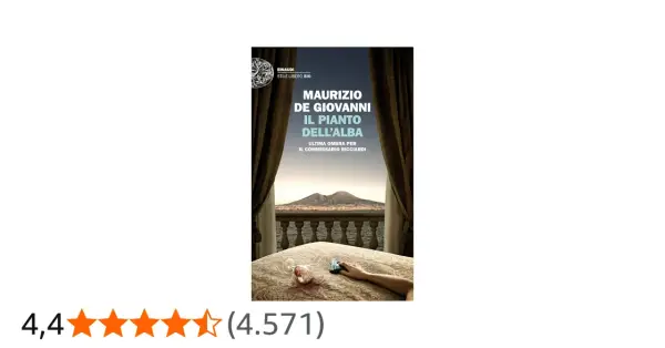 Copertina del libro "Il pianto dell'alba" di Maurizio de Giovanni, con una mano che tiene una pistola su un letto, sullo sfondo il Vesuvio.