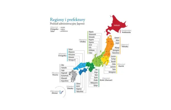 Mapa przedstawia podział administracyjny Japonii, ukazując główne wyspy i prefektury.