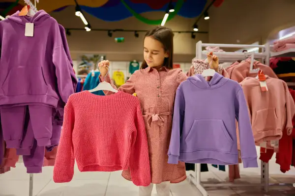 Dziewczynka wybiera ubrania. Czy ten różowy sweterek lub fioletowa bluza to dobry rozmiar dla 7-8 latka?
