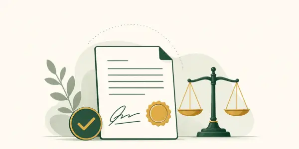Documento firmato con sigillo, bilancia della giustizia e segno di spunta verde. Rappresenta la conferma preventivo.