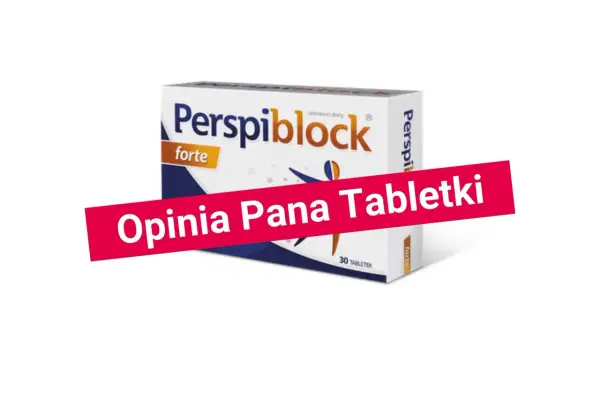 Opakowanie suplementu diety Perspiblock forte, który jest blokerem potu. Widoczna czerwona wstęga z napisem "Opinia Pana Tabletki".