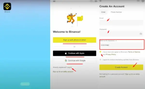 Ekran rejestracji na Binance. Dowiedz się, jak zacząć, wypełniając formularz lub logując się przez Apple/Google. Wpisz kod polecający CCH1F46Z.