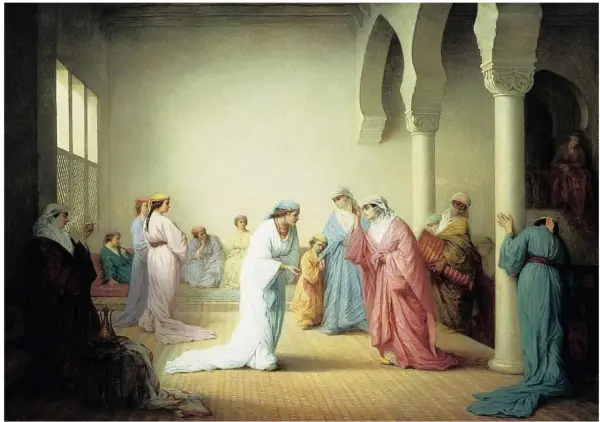 A scene of women in flowing robes in an ornate interior, a classic example of orientalism art, with arched columns and patterned floors.