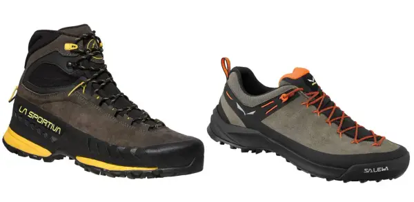 Dwa modele butów: wysokie buty podejściowe La Sportiva i niskie buty trekkingowe Salewa.