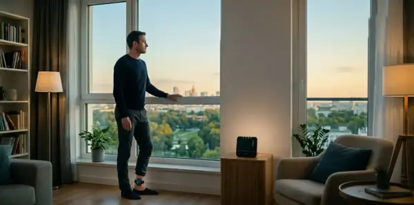 Mężczyzna w domu z opaską na nodze, symbolizującą dozór elektroniczny, patrzy przez okno na miasto.