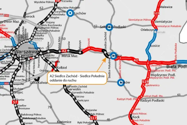 Mapa drogowa A2 Siedlce Zachód - Siedlce Południe, z zaznaczonymi drogami S19 i S17, prowadząca do Białej Podlaskiej.