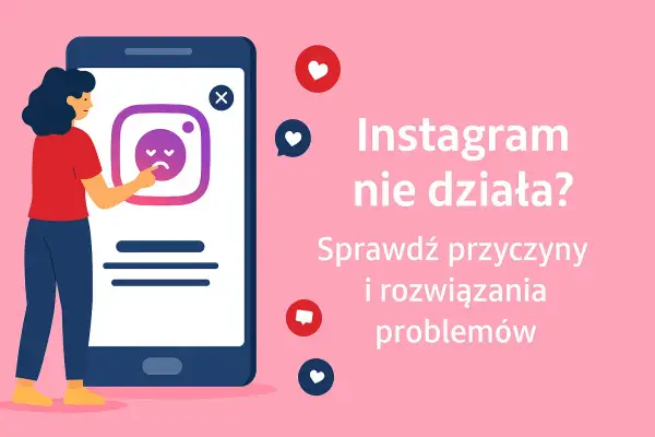 Kobieta patrzy na ekran telefonu, gdzie widnieje smutna buźka na ikonie Instagrama. Czyżby awaria Instagrama? Sprawdź przyczyny i rozwiązania problemów.