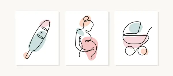 Trzy minimalistyczne grafiki: termometr z plusem, ciężarna kobieta i wózek dziecięcy. Symbolizują początek życia, od pierwszych oznak, przez rozwój, aż po narodziny. Trofoblast to początek tej drogi.