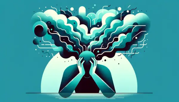 Una persona con le mani sulla testa, circondata da un vortice di pensieri turbolenti. Un'immagine che suggerisce come calmare l'ansia.
