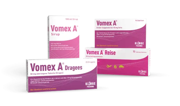 Vomex A Produkte: Sirup, Zäpfchen, Reise-Tabletten und Dragees. Bei Übelkeit und Erbrechen, aber Vorsicht bei vomex nebenwirkungen.