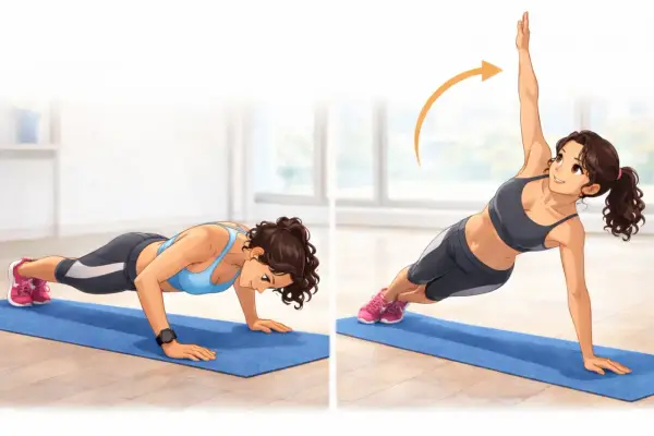 Femme effectuant des pompes puis une planche latérale pour muscler le dos sans matériel.