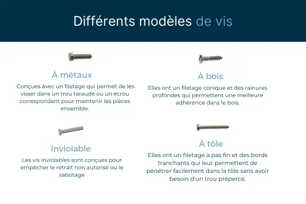 Quatre types de vis : à métaux, à bois, inviolable et à tôle, chacune avec un filetage adapté à son usage.