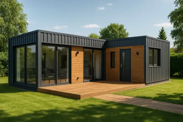 Nowoczesny dom z kontenerów 100m2 cena. Elegancka bryła z drewnianą elewacją i dużymi przeszkleniami, otoczona zielonym trawnikiem.