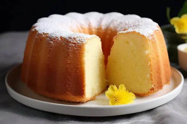 Wilgotna babka z majonezem, oprószona cukrem pudrem, z żółtym kwiatkiem na talerzu.
