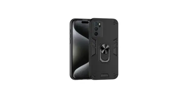 Czarne, wytrzymałe etui na telefon Oppo A16 z pierścieniem na palec i wzmocnionymi narożnikami.