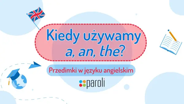 Kiedy używamy a, an, the? Zasady użycia przedimków w języku angielskim. Grafika z flagą Wielkiej Brytanii i ikonami nauki.