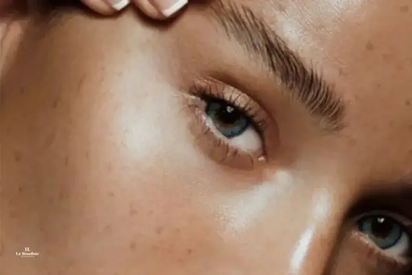 Un gros plan sur un œil avec des lentilles bleues et des sourcils parfaitement définis après un soin pour teindre sourcils.