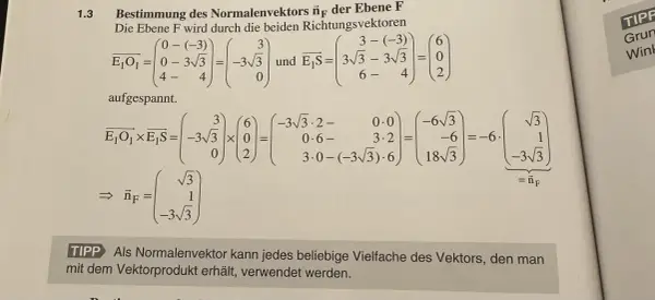 Mathematische Formeln zur Berechnung eines Normalenvektors mit Vektoren und Kreuzprodukt.