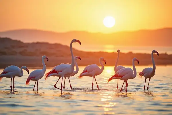 Djerba flamingi o zachodzie słońca. Różowe ptaki brodzą w płytkiej wodzie, odbijając się w złotym blasku.