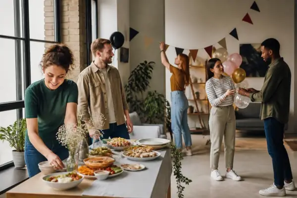 Préparatifs joyeux pour une fête familiale. Des amis décorent, gonflent des ballons et dressent une table garnie de plats savoureux.
