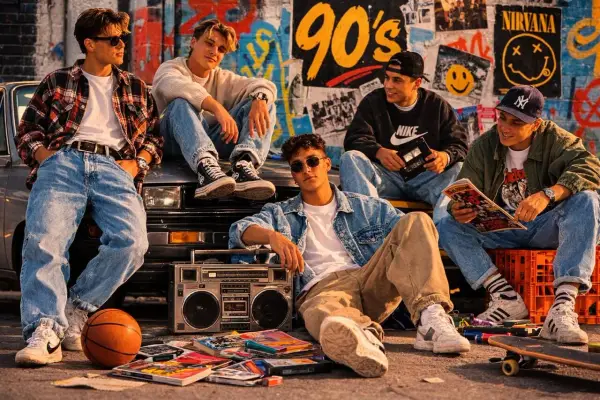 Chłopcy w luźnych jeansach i flanelowych koszulach, uosabiający modę męską lat 90. z boomboxem i kasetami.