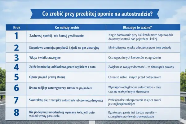 Tabela z instrukcją, co robić przy przebitej oponie na autostradzie: zachowaj spokój, zjedź na pas awaryjny, włącz światła, załóż kamizelkę, opuść pojazd prawą stroną, ustaw trójkąt, wezwij pomoc.