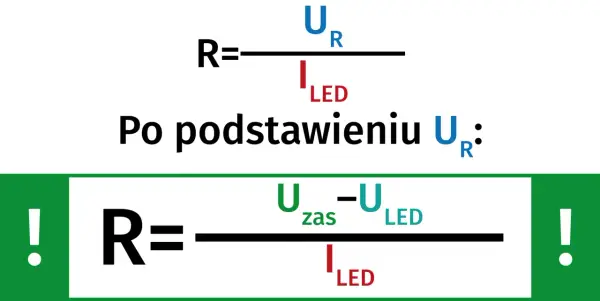 Obliczenia rezystancji opornika: R = U/I, a po podstawieniu R = (Uzas - ULED) / ILED.