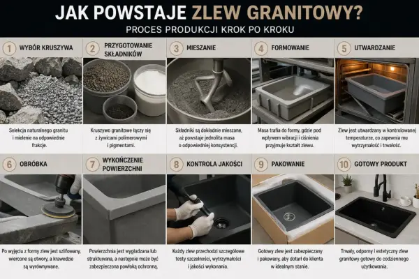 Proces produkcji zlewu granitowego: od kruszywa po gotowy produkt. Zobacz, jak powstaje trwały i estetyczny zlew, który może wymagać impregnacji.