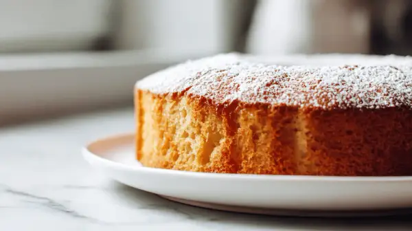 Ein goldbrauner Kuchen mit Puderzucker bestäubt, frisch aus dem Airfryer.
