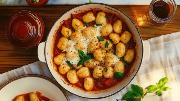 Pyszne, zapiekane gnocchi w sosie pomidorowym, z ciągnącym się serem i świeżą bazylią. Idealne na szybki obiad.