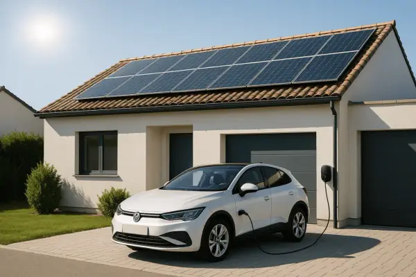 Coche eléctrico blanco cargando en casa con placas solares en el tejado.
