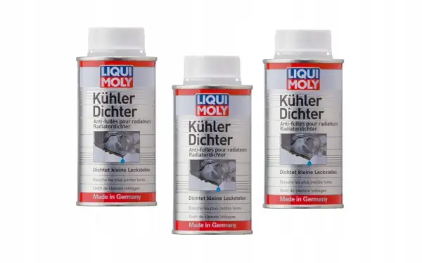 Trzy puszki uszczelniacza do chłodnic Liqui Moly, które skutecznie uszczelniają drobne wycieki w układzie chłodzenia.
