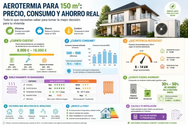 Infografía sobre aerotermia para 150 m², comparando costes, consumo y ahorro. Destaca el suelo radiante como opción eficiente.