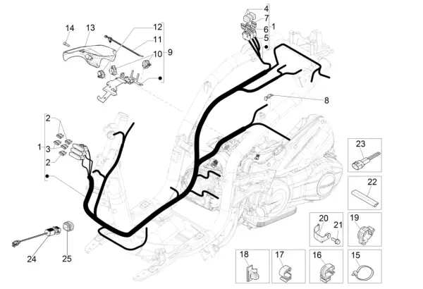 Diagrama de cableado de Piaggio Liberty 125, mostrando la ubicación de los fusibles y otros componentes eléctricos.