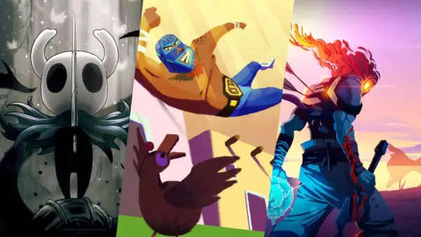 Trzy postacie z gier metroidvania: rycerz z Hollow Knight, zapaśnik z Guacamelee! i bohater z Dead Cells.