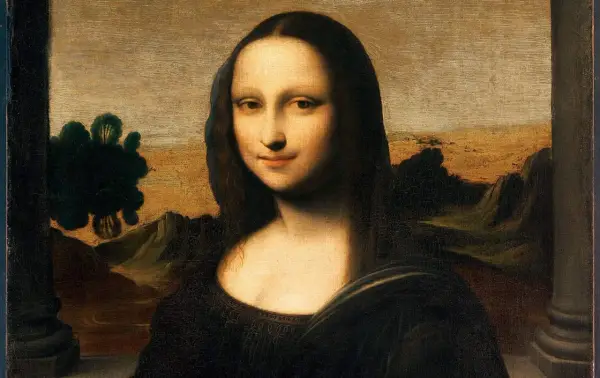 Das berühmte Mona Lisa Bild Original von Leonardo da Vinci zeigt eine Frau mit geheimnisvollem Lächeln vor einer Landschaft.
