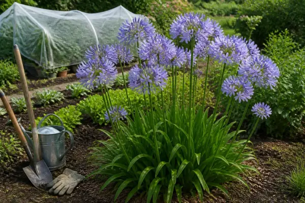Gros plan sur une agapanthe en fleurs, avec des outils de jardinage à proximité. L'entretien de ces beautés bleues est un plaisir.