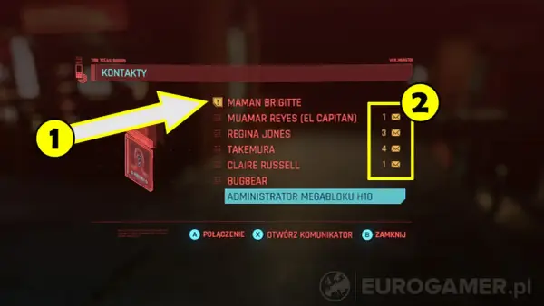 Interfejs gry Cyberpunk 2077: lista kontaktów, gdzie cel pal to nawiązanie kontaktu z Maman Brigitte.