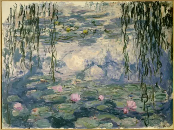 Claude Monet Seerosen: Ein impressionistisches Meisterwerk mit zarten rosa Blüten auf einem Teich, umrahmt von hängenden Weidenzweigen.