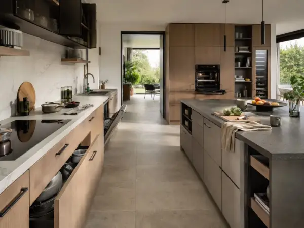 Cuisine moderne avec îlot central, plan de travail en pierre, armoires en bois et un grand espace circulation.