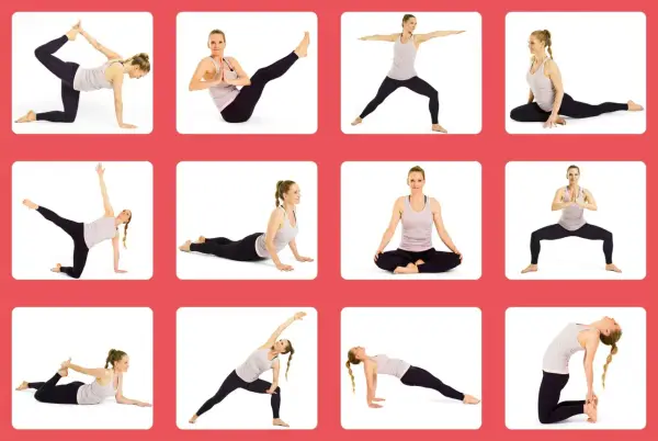 En kvinna utför olika yogapositioner. Bilden kan användas för guidad meditation på svenska.