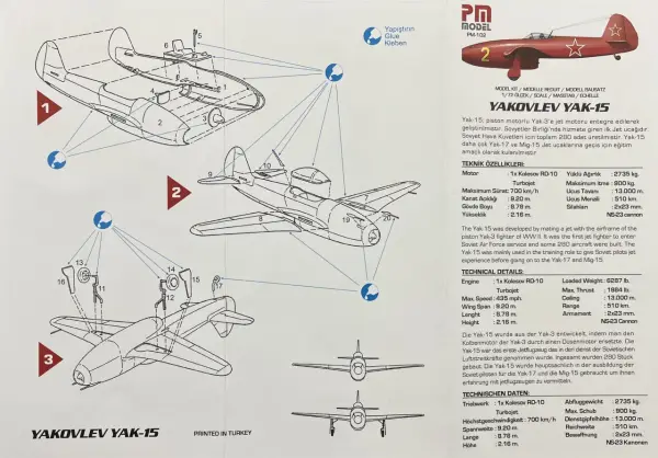 Technische Zeichnung der Yakovlev Yak-15, einem sowjetischen Jet-Trainer.