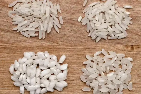 Cztery rodzaje ryżu na drewnianym tle. Wybór odpowiedniego ryżu to klucz do idealnego risotto.