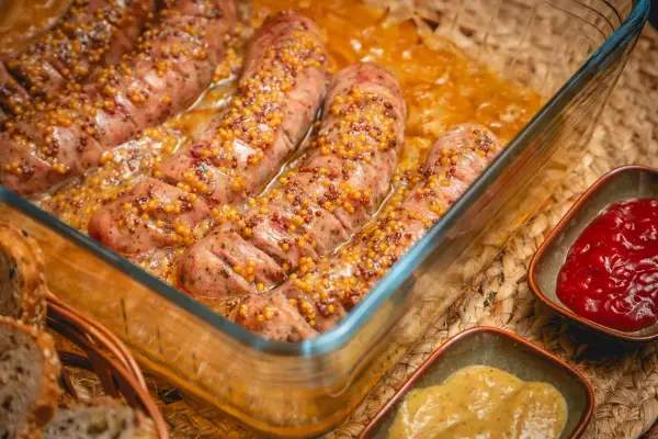 Pyszna biała kiełbasa w piwie, posypana ziarnami gorczycy, pieczona w szklanym naczyniu. Obok sosy i chleb.