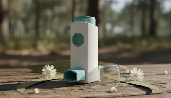 Inhalator z budezonidem na drewnianym stole, otoczony listkami i kwiatami.
