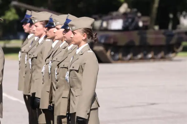 Żołnierz zawodowy w mundurze stoi w szeregu. W tle widać czołg.