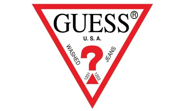 Logo Guess, marka premium, z charakterystycznym czerwonym trójkątem i znakiem zapytania.