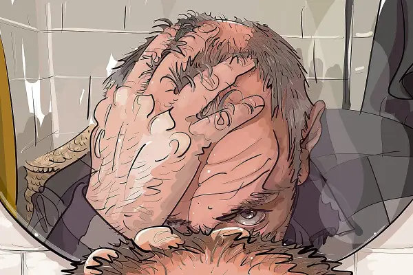 Ilustracja mężczyzny zakrywającego twarz dłońmi, z widocznym zmartwieniem na twarzy.